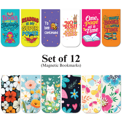 Book Lovers & Cute Floral Magnetic Bookmarks (Set of 12)