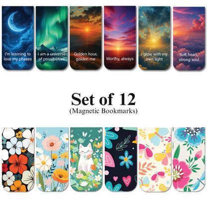 Sky Affirmations & Cute Floral Magnetic Bookmarks (Set of 12)