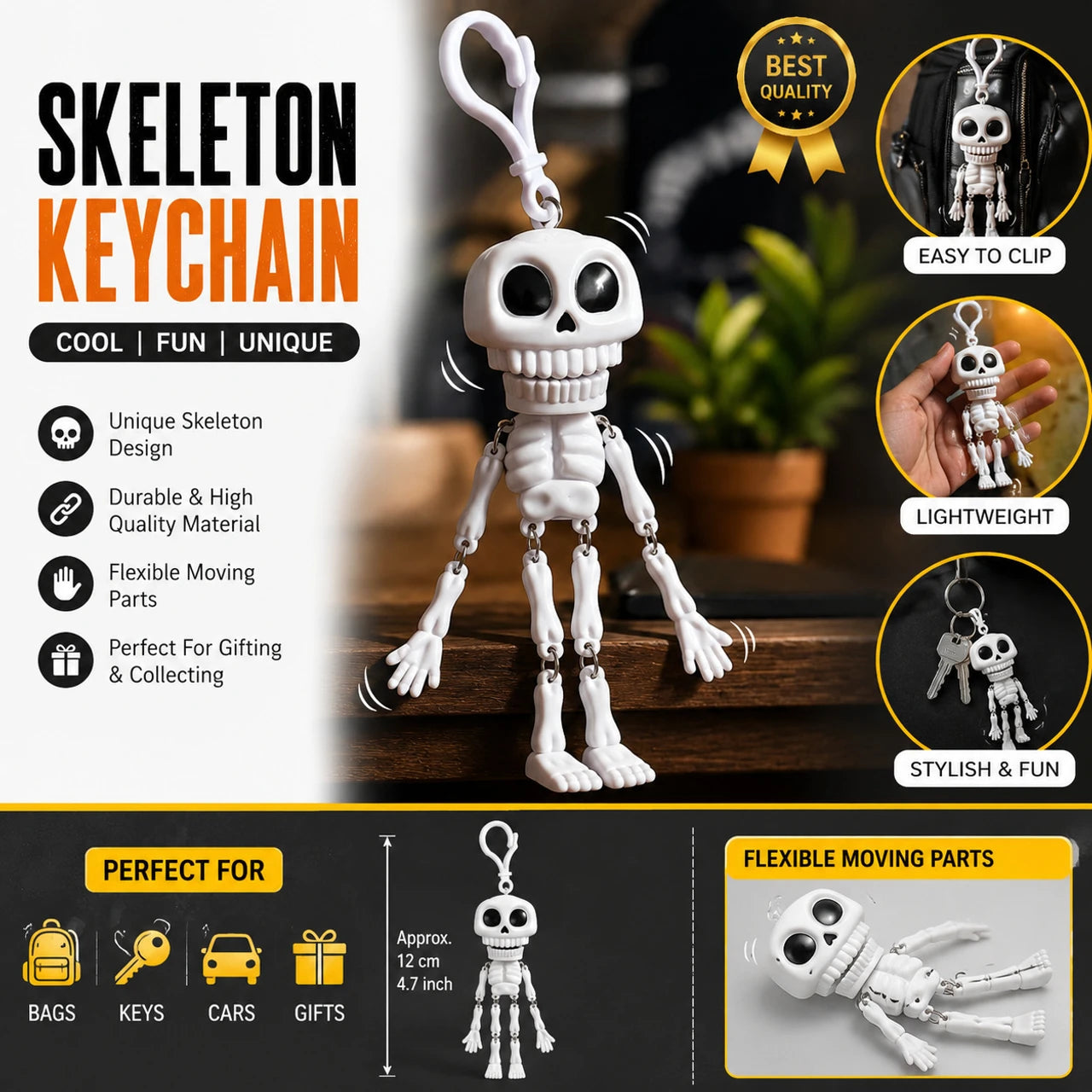 Funny Moving Mouth Skeleton Keychain | Pull String Talking Skull Doll Key Ring, Hanging Car Rear View Mirror Charm