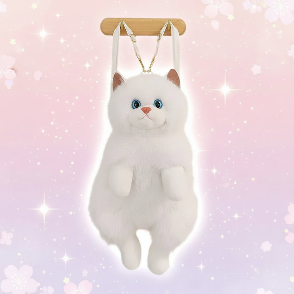 White Kitty Soft Faux Fur Backpack and Shoulder Bag with Adjustable Straps
