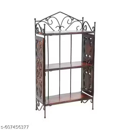 Wooden Wall Shelf with Wrought Iron Frame – 3-Tier Wall-Mounted Rack, Decorative Carved Side Panels