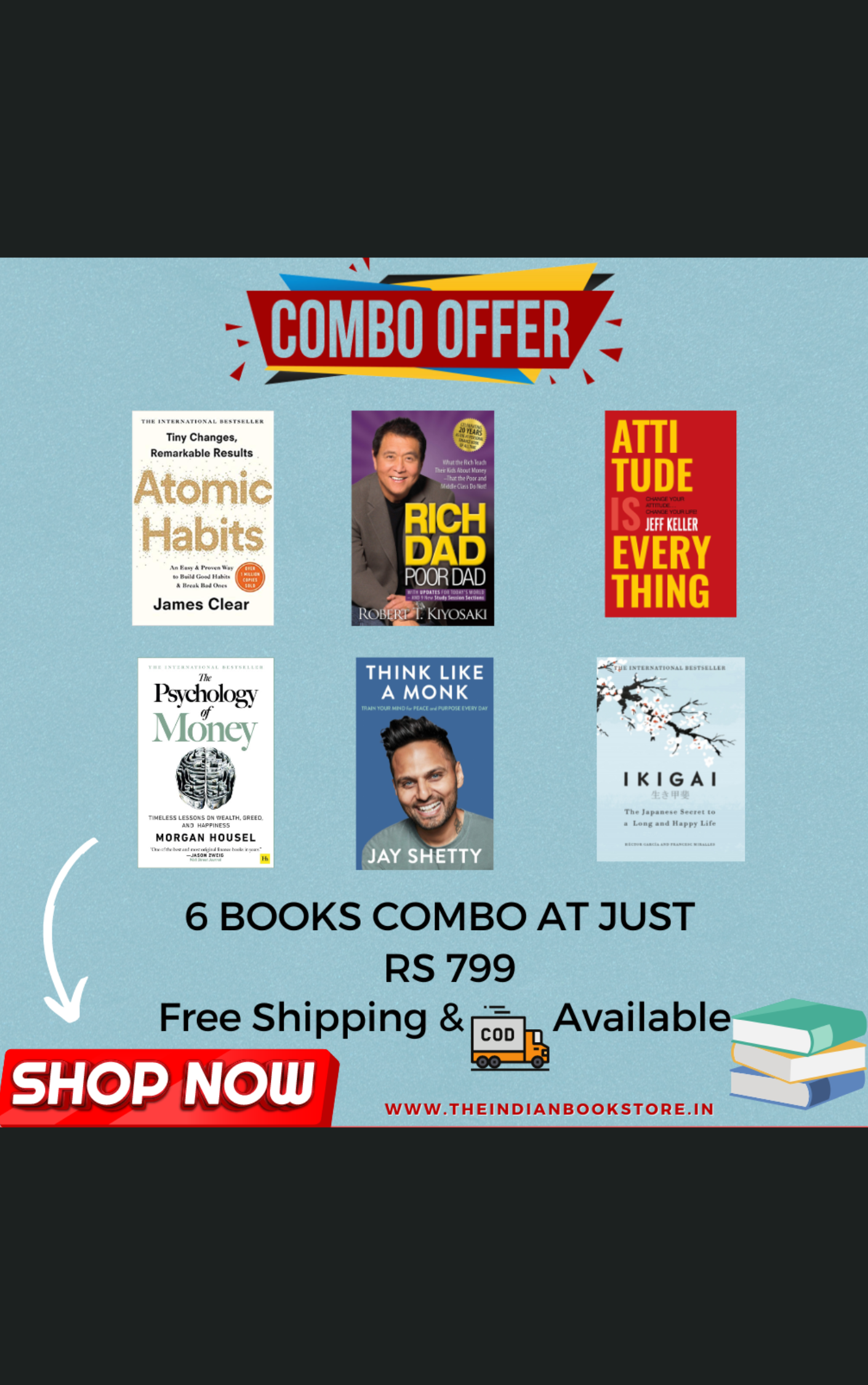 Self help books combo | Think like a monk | Ikigai | Rich dad poor dad | Attitude is everything | Atomic habit | The psychology of money